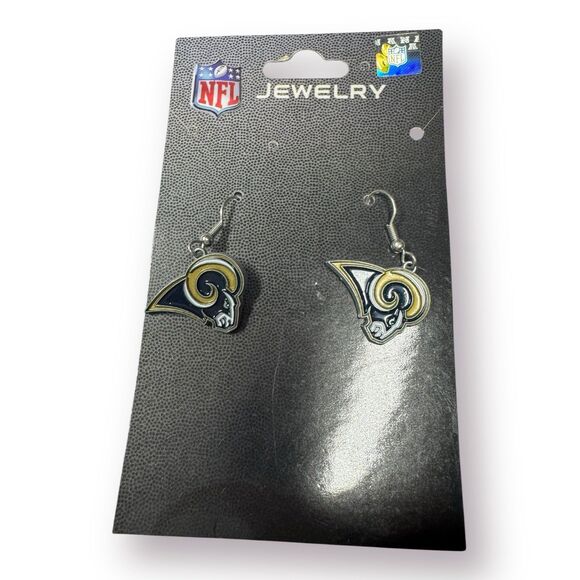 NFL Los Angeles Rams Dangle Earrings featuring Rams Shiny New - Picture 1 of 3